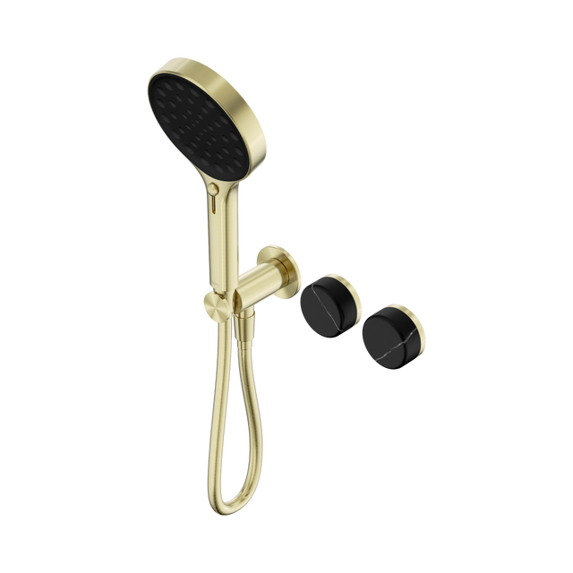 An image of Nero Tapware's Serenity Progressive Shower System With Marquina Black Handle And Serenity Hand Shower Brushed Gold