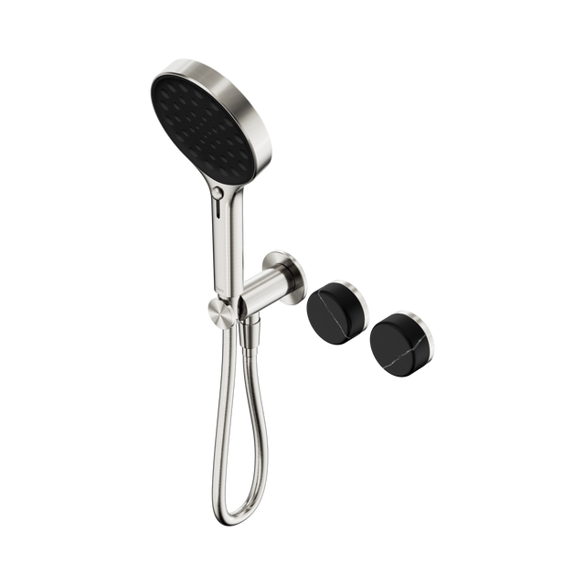 An image of Nero Tapware's Serenity Progressive Shower System With Marquina Black Handle And Serenity Hand Shower Brushed Nickel