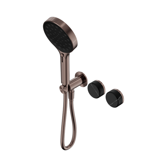An image of Nero Tapware's Serenity Progressive Shower System With Marquina Black Handle And Serenity Hand Shower Brushed Bronze