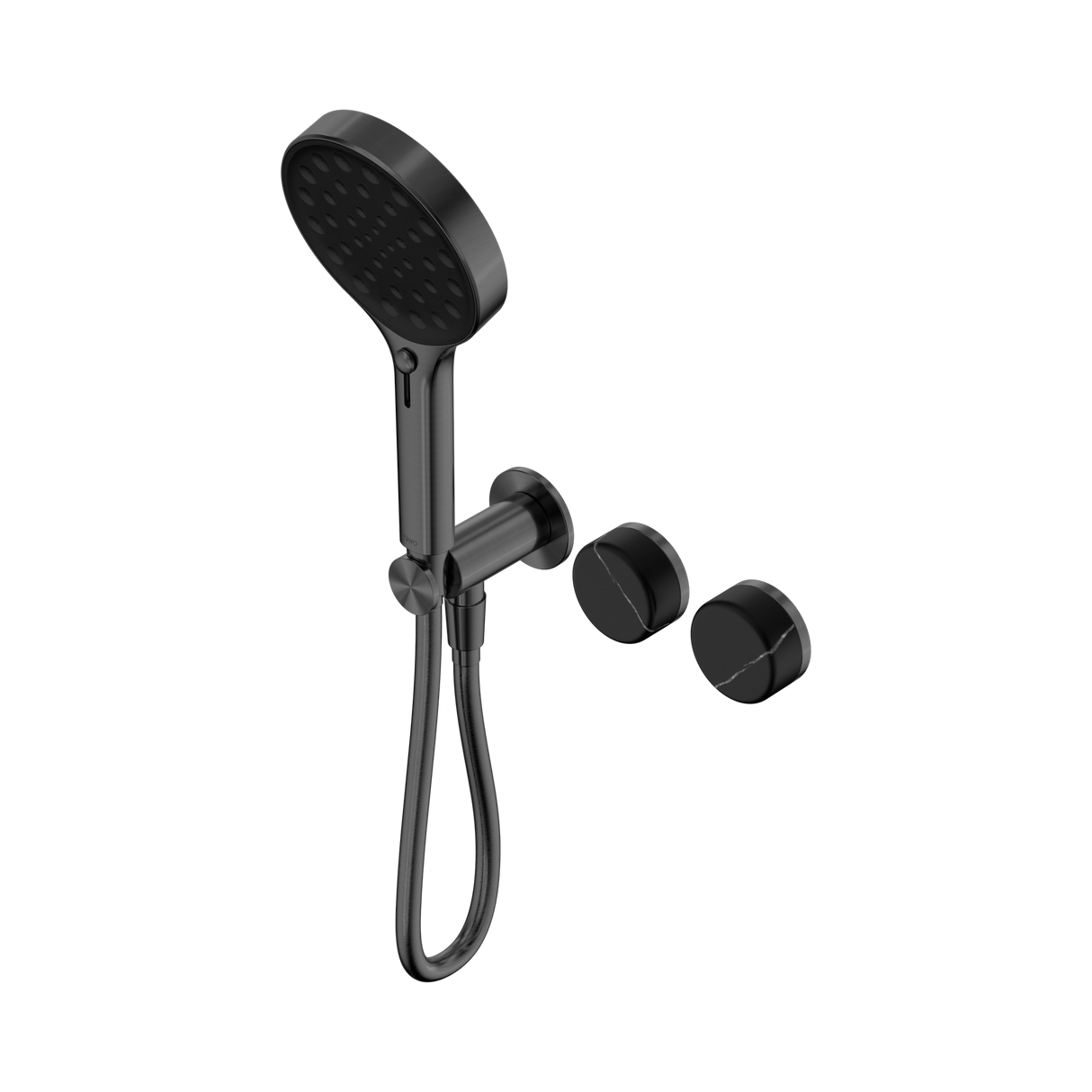 An image of Nero Tapware's Serenity Progressive Shower System With Marquina Black Handle And Serenity Hand Shower Gun Metal