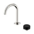 An image of Nero Tapware's Serenity Progressive Basin Mixer Arc Spout With Marquina Black Handle Brushed Nickel