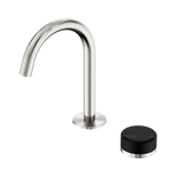 An image of Nero Tapware's Serenity Progressive Basin Mixer Arc Spout With Marquina Black Handle Brushed Nickel