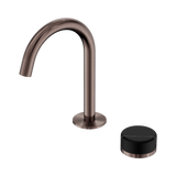 An image of Nero Tapware's Serenity Progressive Basin Mixer Arc Spout With Marquina Black Handle Brushed Bronze