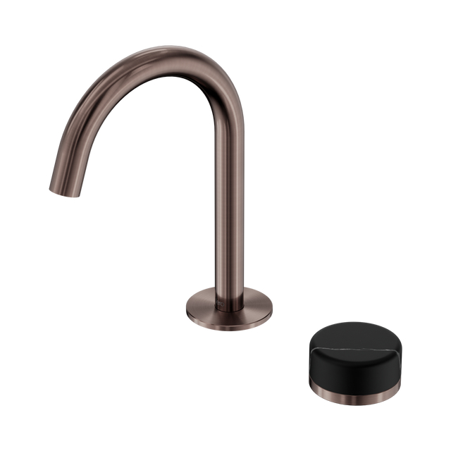 An image of Nero Tapware's Serenity Progressive Basin Mixer Arc Spout With Marquina Black Handle Brushed Bronze