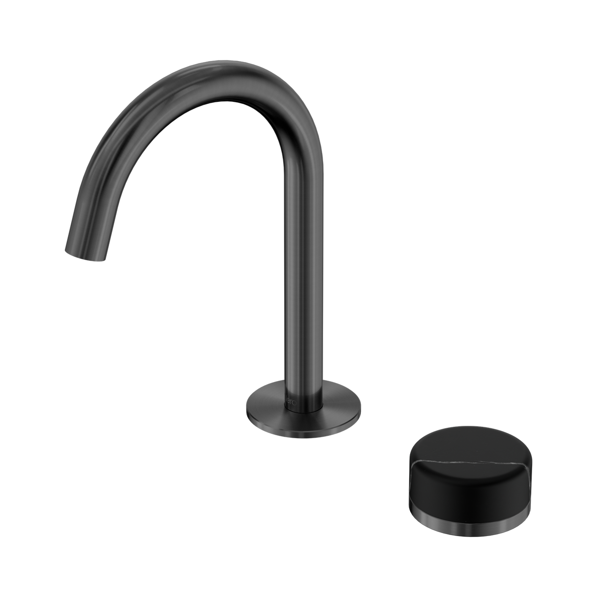 An image of Nero Tapware's Serenity Progressive Basin Mixer Arc Spout With Marquina Black Handle Gun Metal