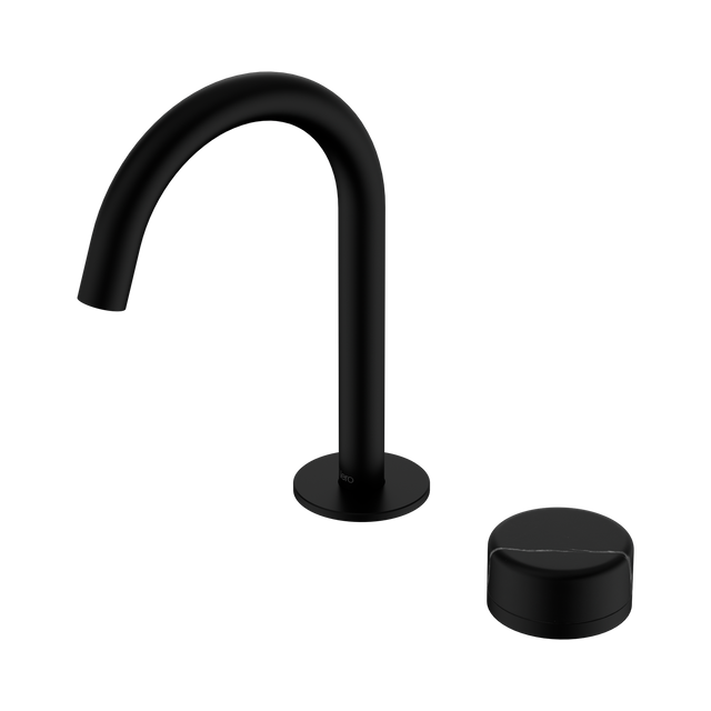 An image of Nero Tapware's Serenity Progressive Basin Mixer Arc Spout With Marquina Black Handle Matt Black