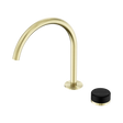 An image of Nero Tapware's Serenity Progressive Bath/Kitchen Mixer Arc Spout With Marquina Black Handle Brushed Gold