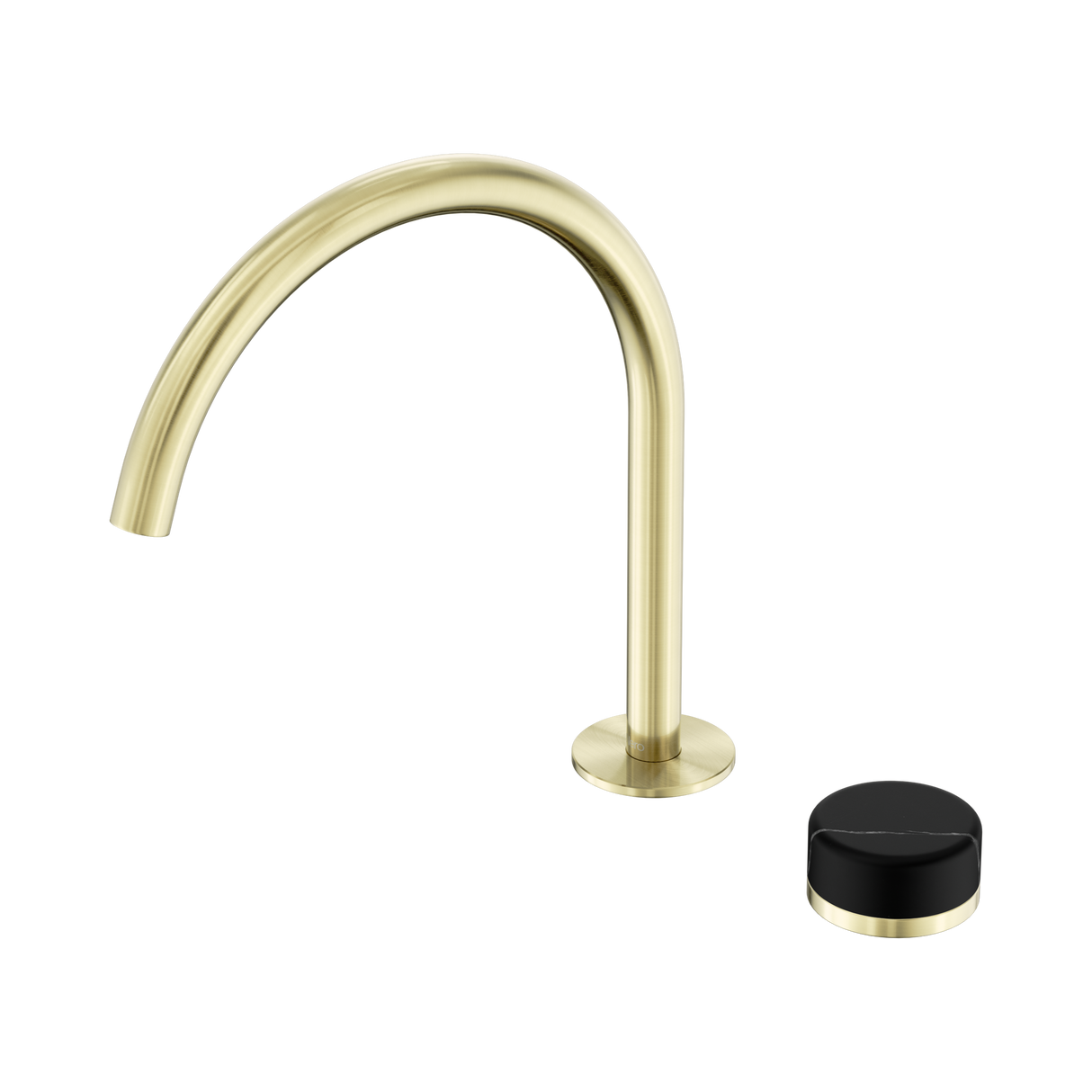 An image of Nero Tapware's Serenity Progressive Bath/Kitchen Mixer Arc Spout With Marquina Black Handle Brushed Gold