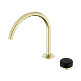An image of Nero Tapware's Serenity Progressive Bath/Kitchen Mixer Arc Spout With Marquina Black Handle Brushed Gold