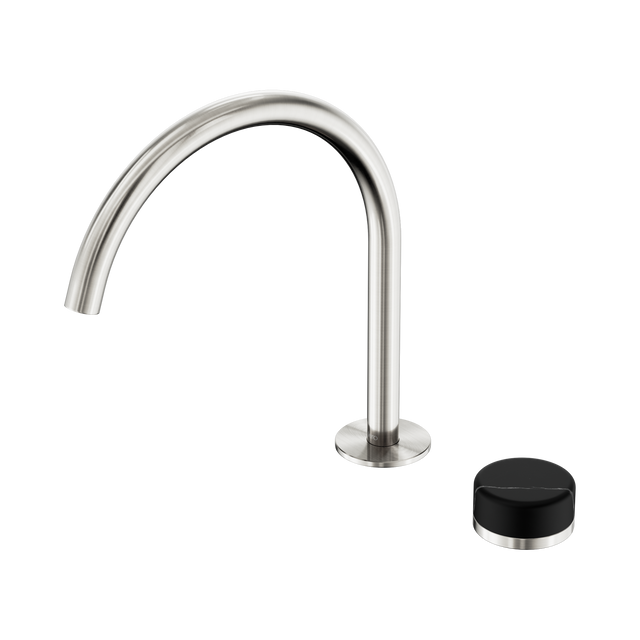 An image of Nero Tapware's Serenity Progressive Bath/Kitchen Mixer Arc Spout With Marquina Black Handle Brushed Nickel