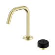 An image of Nero Tapware's Serenity Progressive Basin Mixer Edge Spout With Marquina Black Handle Brushed Gold