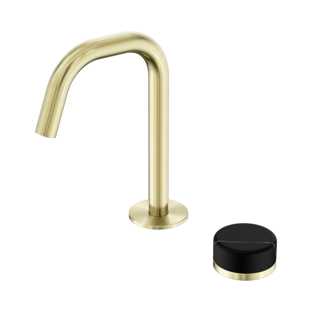 An image of Nero Tapware's Serenity Progressive Basin Mixer Edge Spout With Marquina Black Handle Brushed Gold