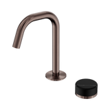 An image of Nero Tapware's Serenity Progressive Basin Mixer Edge Spout With Marquina Black Handle Brushed Bronze
