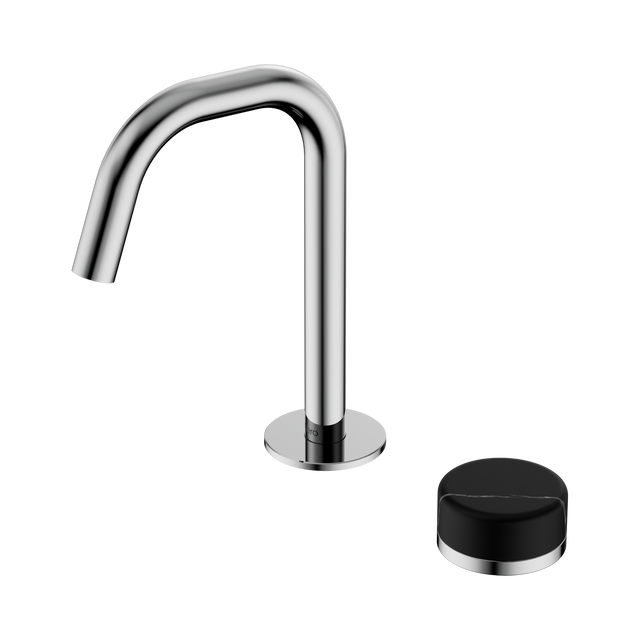 An image of Nero Tapware's Serenity Progressive Basin Mixer Edge Spout With Marquina Black Handle Chrome