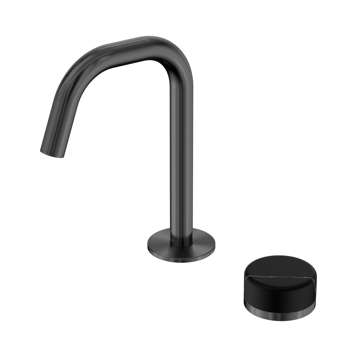 An image of Nero Tapware's Serenity Progressive Basin Mixer Edge Spout With Marquina Black Handle Gun Metal