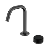 An image of Nero Tapware's Serenity Progressive Basin Mixer Edge Spout With Marquina Black Handle Gun Metal