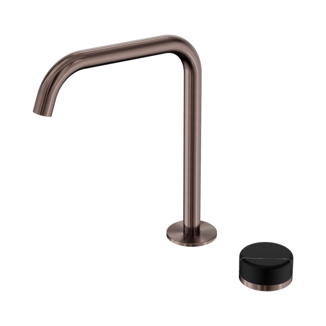 An image of Nero Tapware's Serenity Progressive Bath/Kitchen Mixer Edge Spout With Marquina Black Handle Brushed Bronze