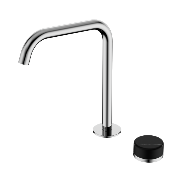 An image of Nero Tapware's Serenity Progressive Bath/Kitchen Mixer Edge Spout With Marquina Black Handle Chrome