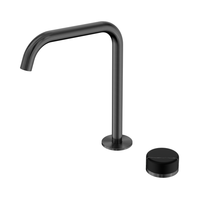 An image of Nero Tapware's Serenity Progressive Bath/Kitchen Mixer Edge Spout With Marquina Black Handle Gun Metal