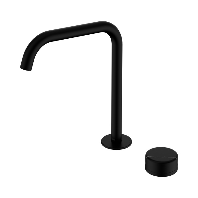 An image of Nero Tapware's Serenity Progressive Bath/Kitchen Mixer Edge Spout With Marquina Black Handle Matt Black