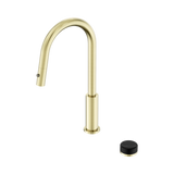 An image of Nero Tapware's Serenity Progressive Pull Out Kitchen Set With Marquina Black Handle Brushed Gold