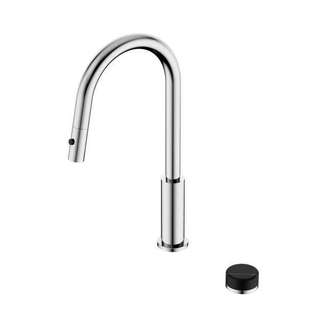 An image of Nero Tapware's Serenity Progressive Pull Out Kitchen Set With Marquina Black Handle Chrome