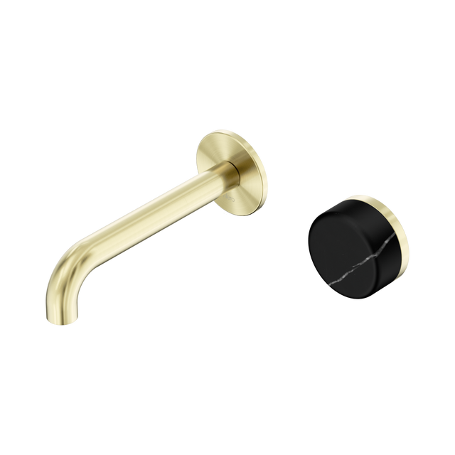 An image of Nero Tapware's Serenity Progressive Wall Basin Mixer 160mm Spout With Marquina Black Handle Brushed Gold
