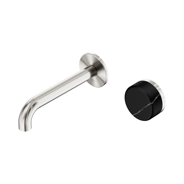 An image of Nero Tapware's Serenity Progressive Wall Basin Mixer 160mm Spout With Marquina Black Handle Brushed Nickel
