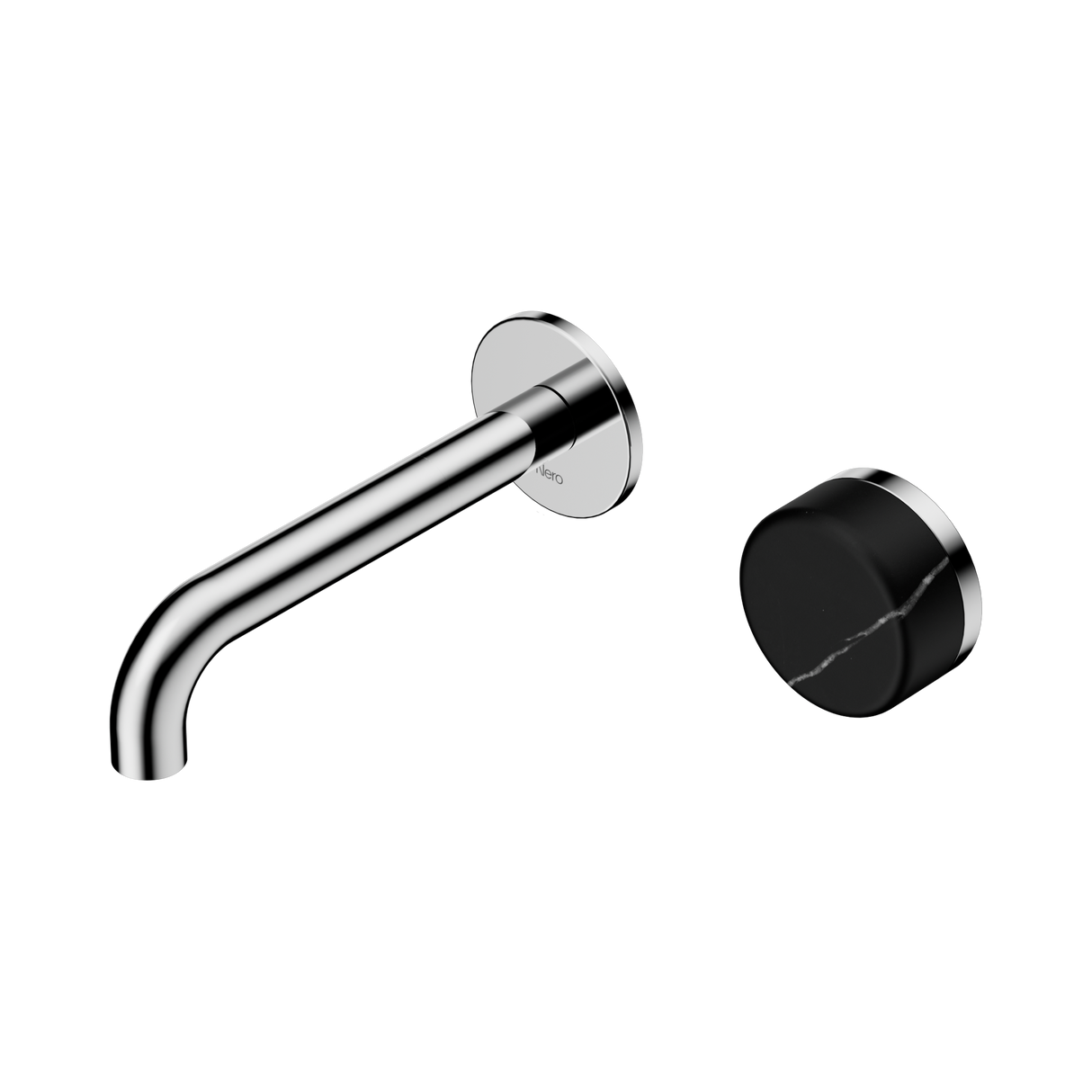 An image of Nero Tapware's Serenity Progressive Wall Basin Mixer 160mm Spout With Marquina Black Handle Chrome