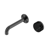 An image of Nero Tapware's Serenity Progressive Wall Basin Mixer 160mm Spout With Marquina Black Handle Gun Metal