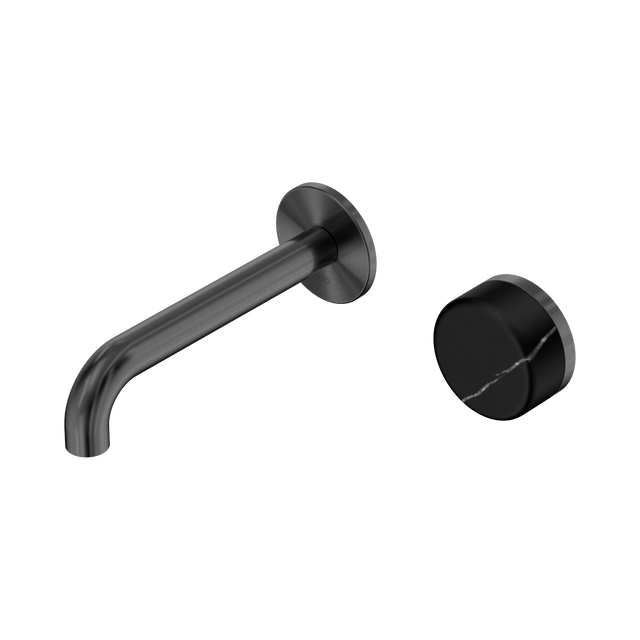 An image of Nero Tapware's Serenity Progressive Wall Basin Mixer 160mm Spout With Marquina Black Handle Gun Metal