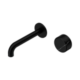 An image of Nero Tapware's Serenity Progressive Wall Basin Mixer 160mm Spout With Marquina Black Handle Matt Black