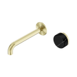 An image of Nero Tapware's Serenity Progressive Wall Basin Mixer 185mm Spout With Marquina Black Handle Brushed Gold