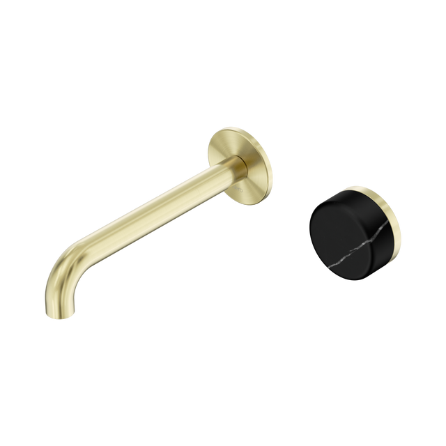 An image of Nero Tapware's Serenity Progressive Wall Basin Mixer 185mm Spout With Marquina Black Handle Brushed Gold