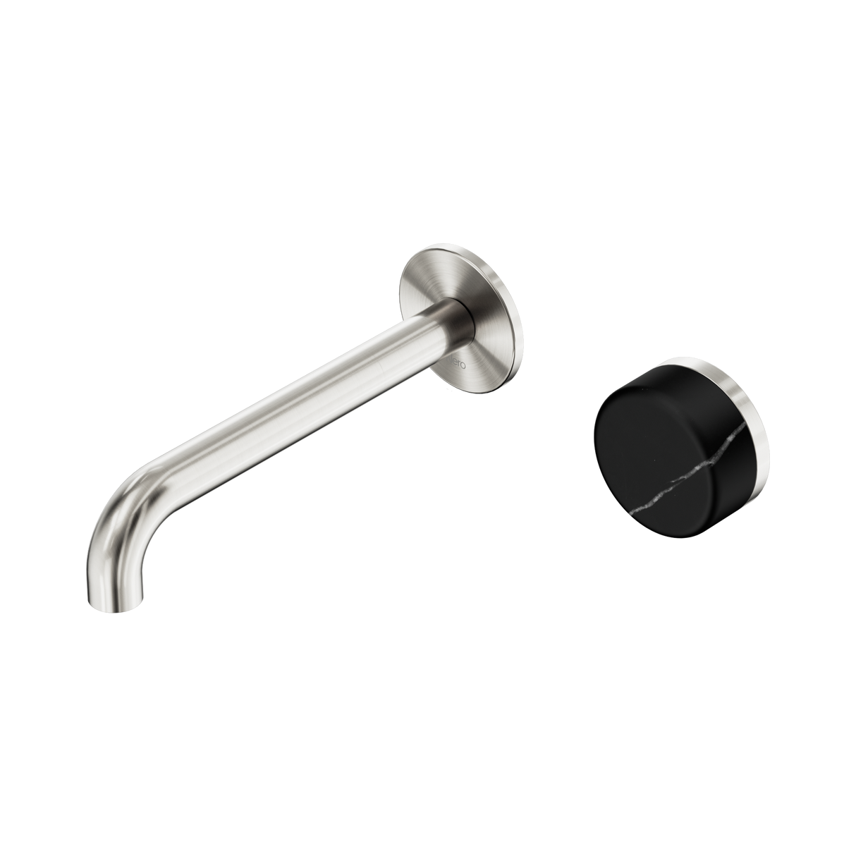 An image of Nero Tapware's Serenity Progressive Wall Basin Mixer 185mm Spout With Marquina Black Handle Brushed Nickel