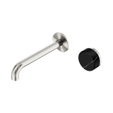 An image of Nero Tapware's Serenity Progressive Wall Basin Mixer 185mm Spout With Marquina Black Handle Brushed Nickel