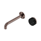 An image of Nero Tapware's Serenity Progressive Wall Basin Mixer 185mm Spout With Marquina Black Handle Brushed Bronze