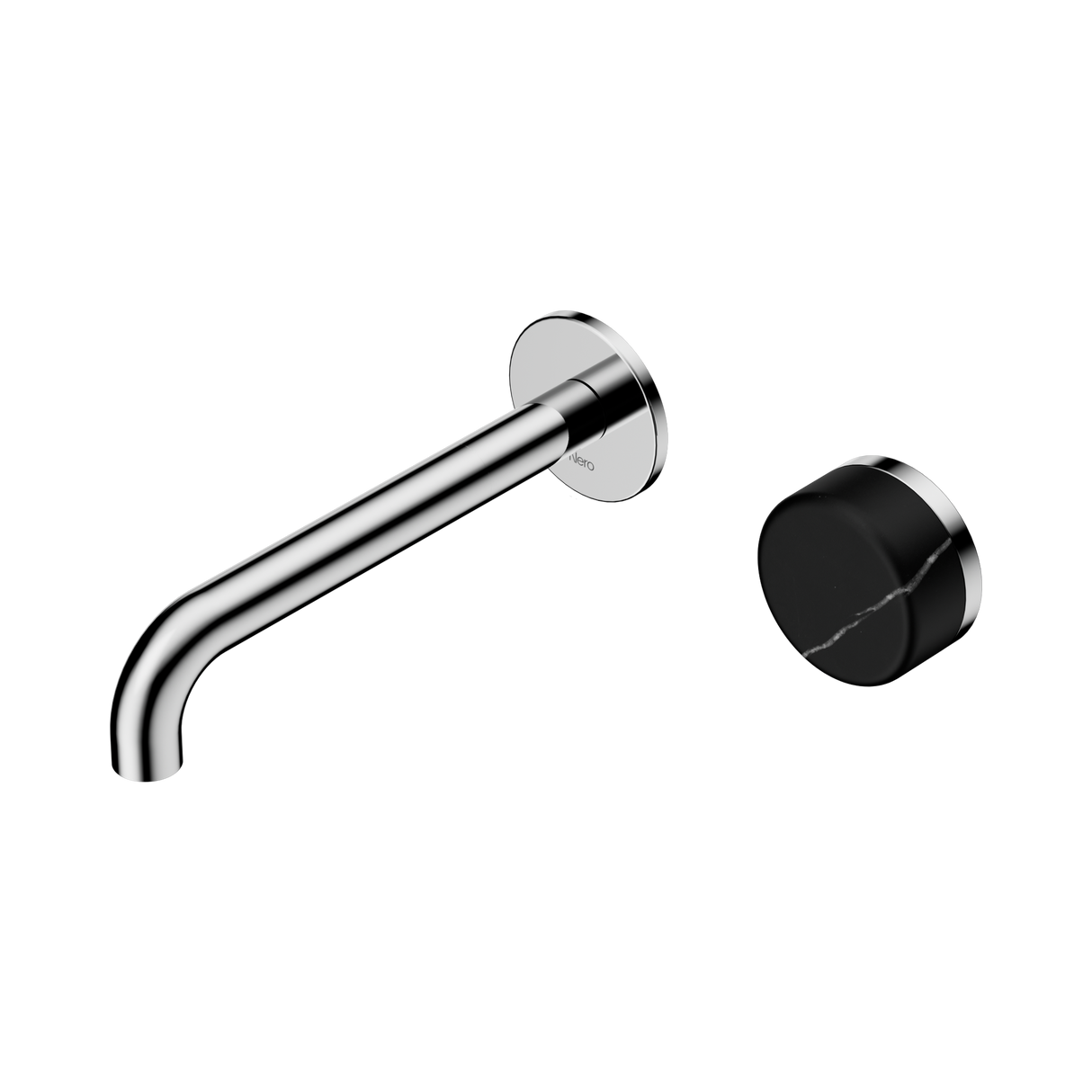 An image of Nero Tapware's Serenity Progressive Wall Basin Mixer 185mm Spout With Marquina Black Handle Chrome