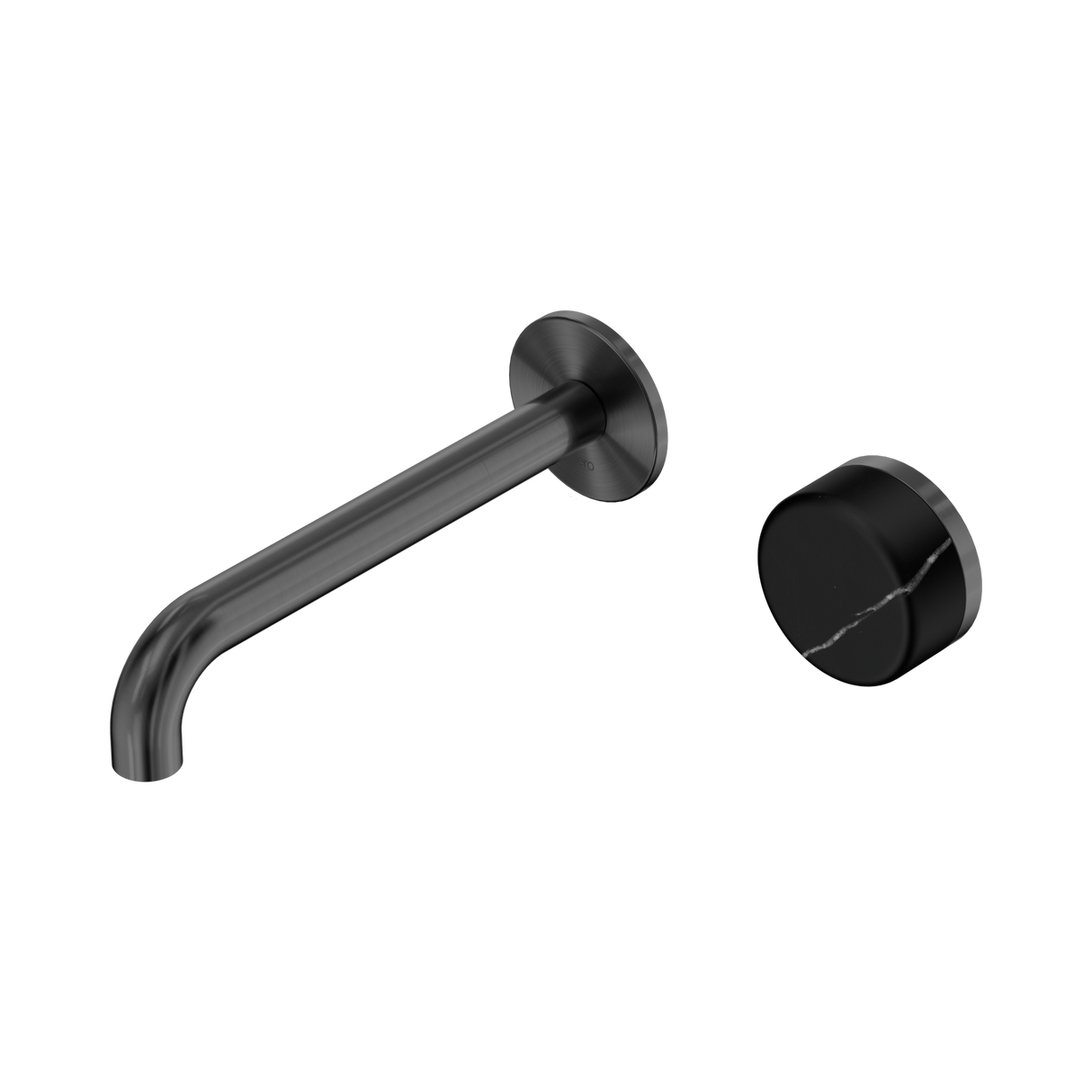 An image of Nero Tapware's Serenity Progressive Wall Basin Mixer 185mm Spout With Marquina Black Handle Gun Metal