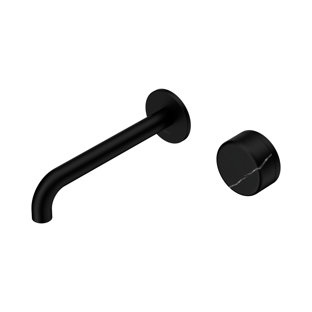 An image of Nero Tapware's Serenity Progressive Wall Basin Mixer 185mm Spout With Marquina Black Handle Matt Black