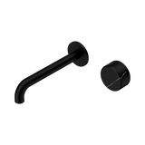 An image of Nero Tapware's Serenity Progressive Wall Basin Mixer 185mm Spout With Marquina Black Handle Matt Black