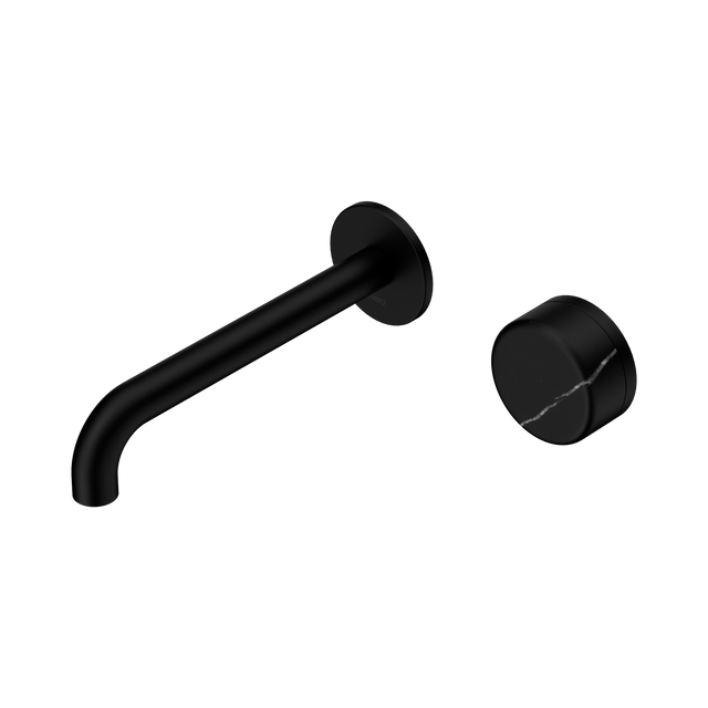An image of Nero Tapware's Serenity Progressive Wall Basin Mixer 185mm Spout With Marquina Black Handle Matt Black