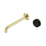 An image of Nero Tapware's Serenity Progressive Wall Basin Mixer 220mm Spout With Marquina Black Handle Brushed Gold