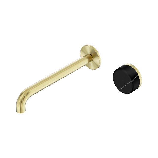 An image of Nero Tapware's Serenity Progressive Wall Basin Mixer 220mm Spout With Marquina Black Handle Brushed Gold