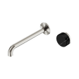 An image of Nero Tapware's Serenity Progressive Wall Basin Mixer 220mm Spout With Marquina Black Handle Brushed Nickel