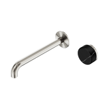 An image of Nero Tapware's Serenity Progressive Wall Basin Mixer 220mm Spout With Marquina Black Handle Brushed Nickel