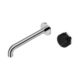 An image of Nero Tapware's Serenity Progressive Wall Basin Mixer 220mm Spout With Marquina Black Handle Chrome