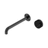 An image of Nero Tapware's Serenity Progressive Wall Basin Mixer 220mm Spout With Marquina Black Handle Gun Metal