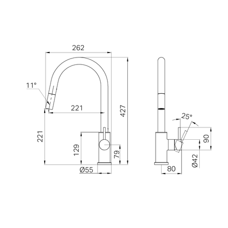 A line drawing of Nero Tapware Dolce II Pull Out Sink Mixer Brushed Gold