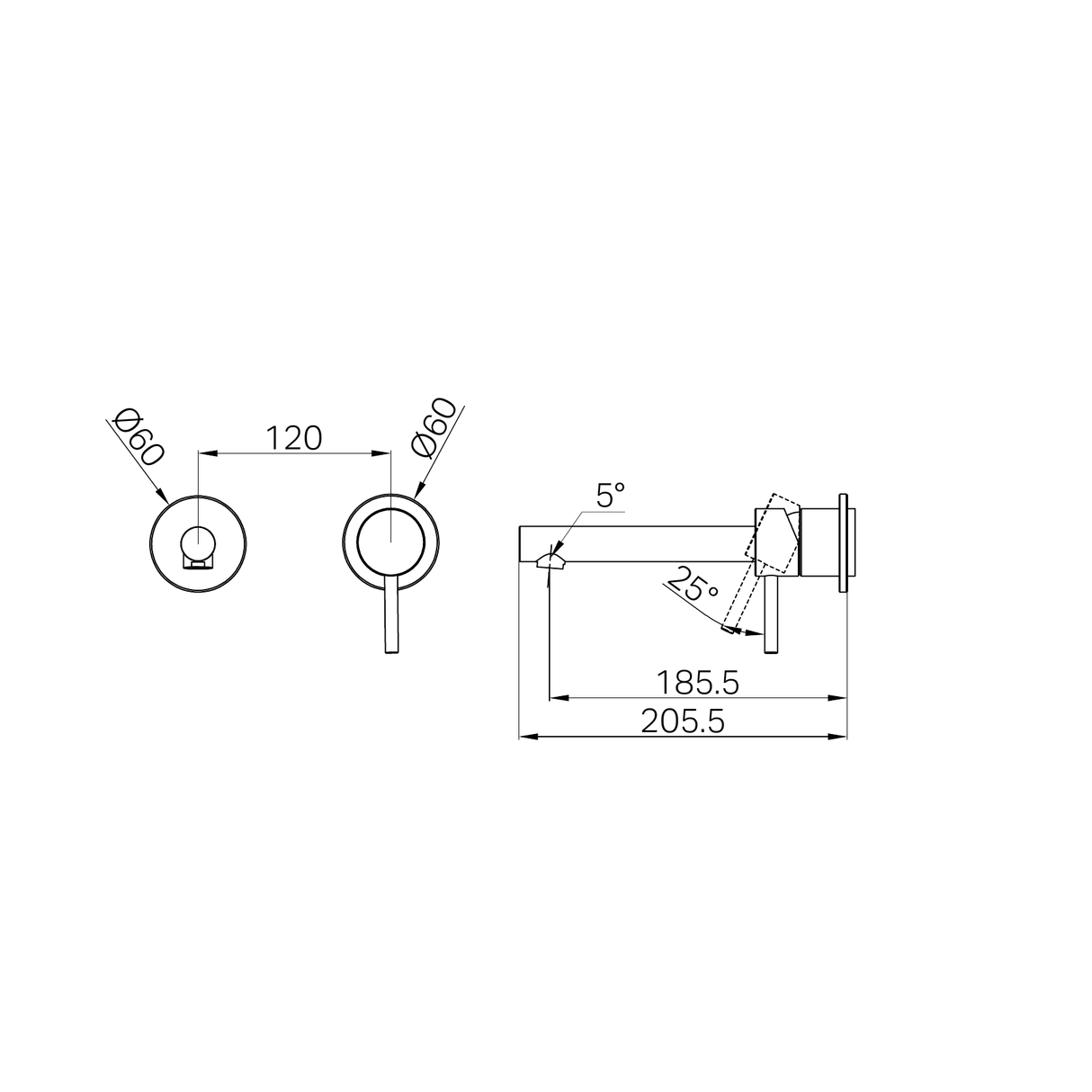 A line drawing of Nero Tapware Dolce II Wall Basin/Bath Mixer Separate Back Plate Trim Kits Only Chrome